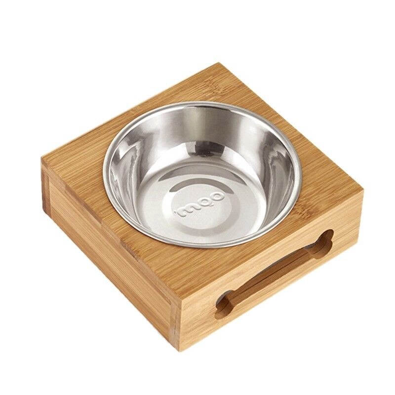 Gamelle surélevée en bambou avec bol inox pour chien et chat – Simple ou Double