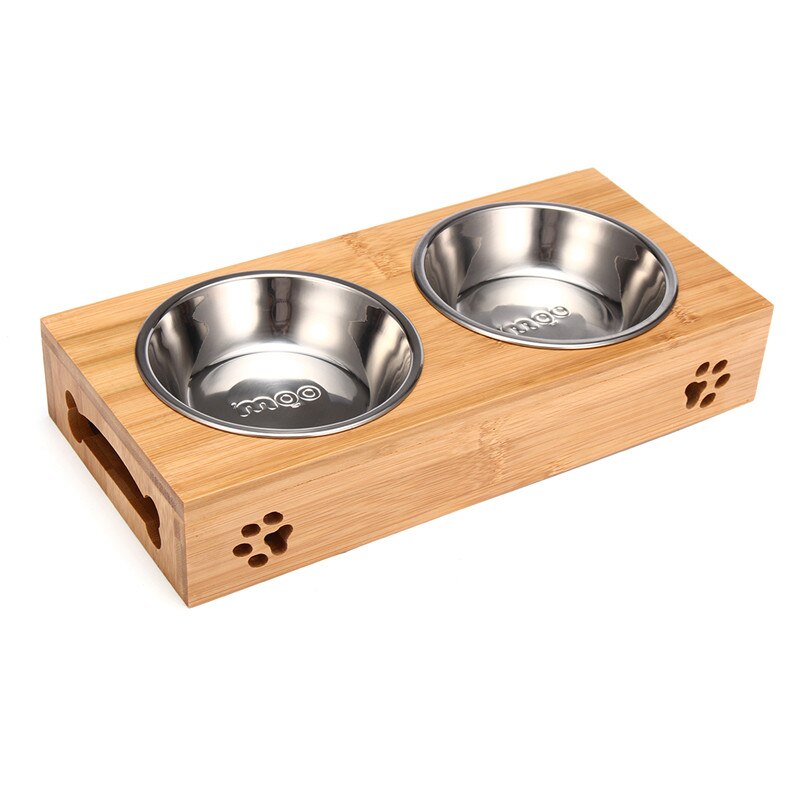 Gamelle surélevée en bambou avec bol inox pour chien et chat – Simple ou Double