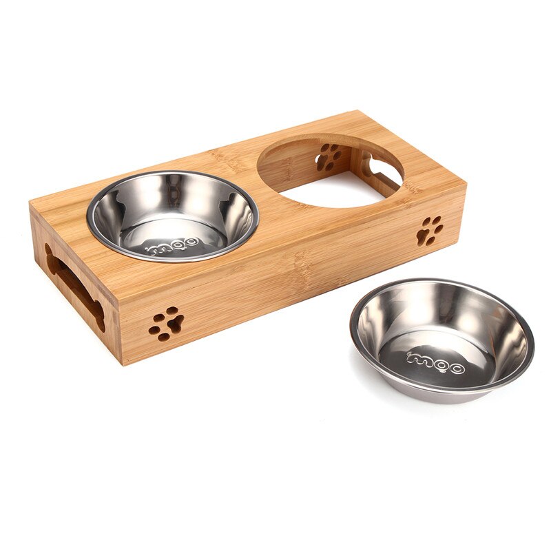 Gamelle surélevée en bambou avec bol inox pour chien et chat – Simple ou Double
