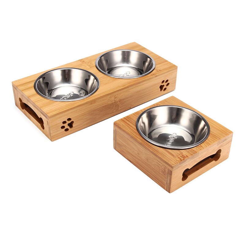 Gamelle surélevée en bambou avec bol inox pour chien et chat – Simple ou Double