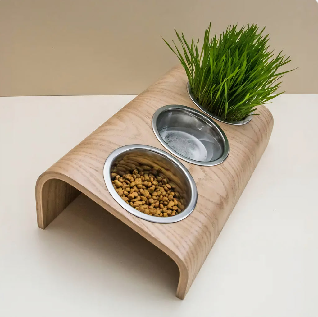 Gamelle design surélevée en bois – 3 bols – Chat & petit chien