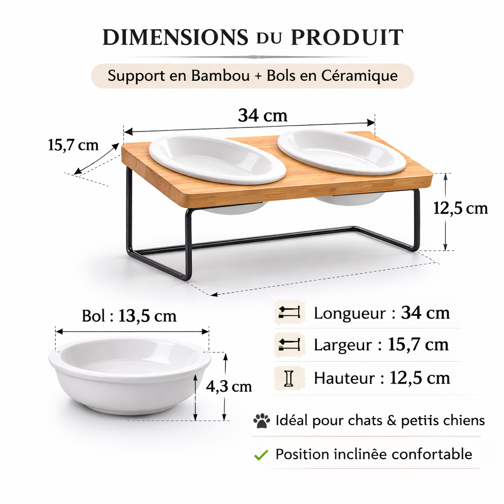 Gamelle design inclinée en céramique avec support en Bambou