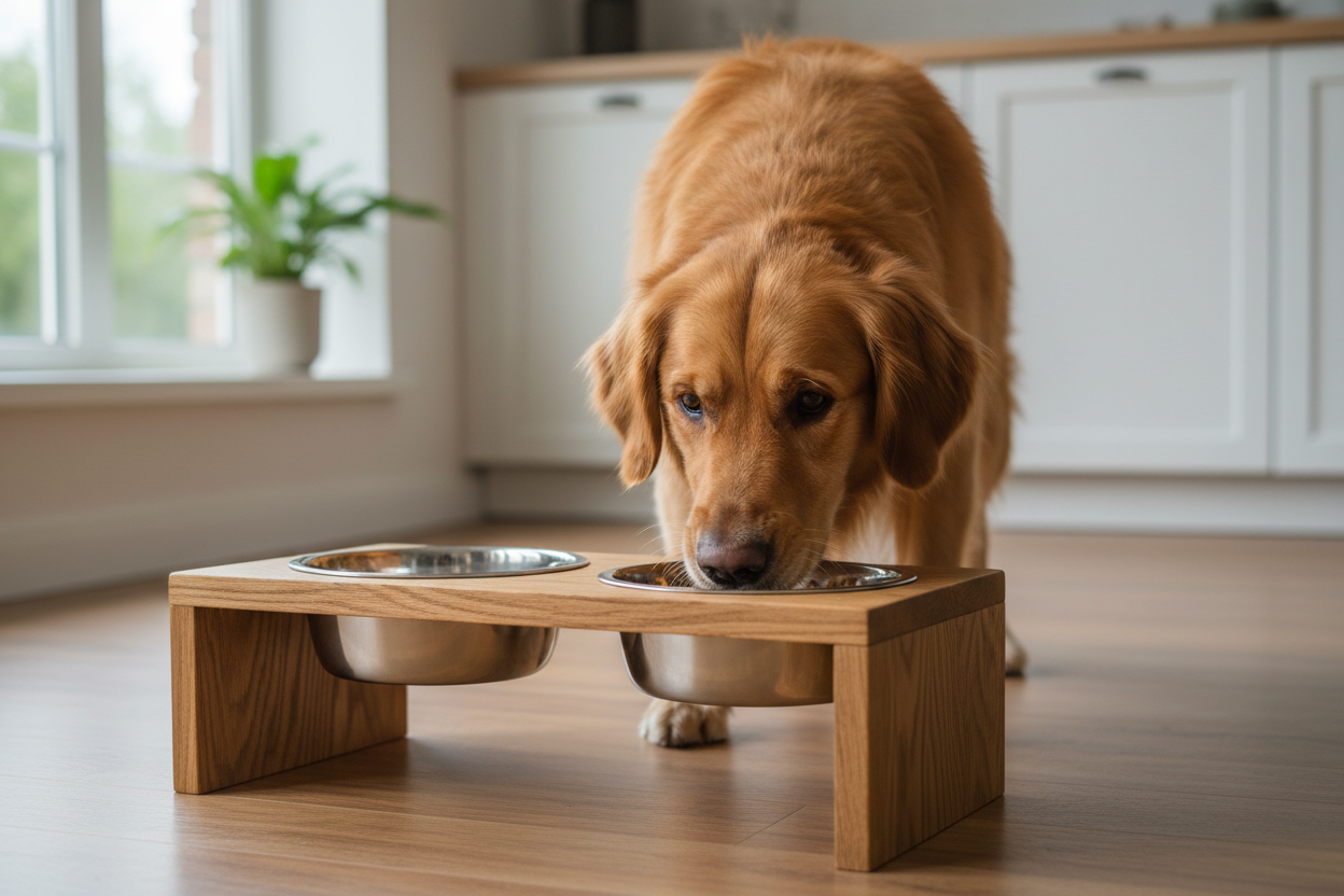 un chien qui mange dans un bol en inox avec support en bois